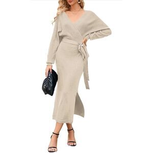 NEW Long Sleeve Sweater V Neck Wrap Knit Dress NO Belt S